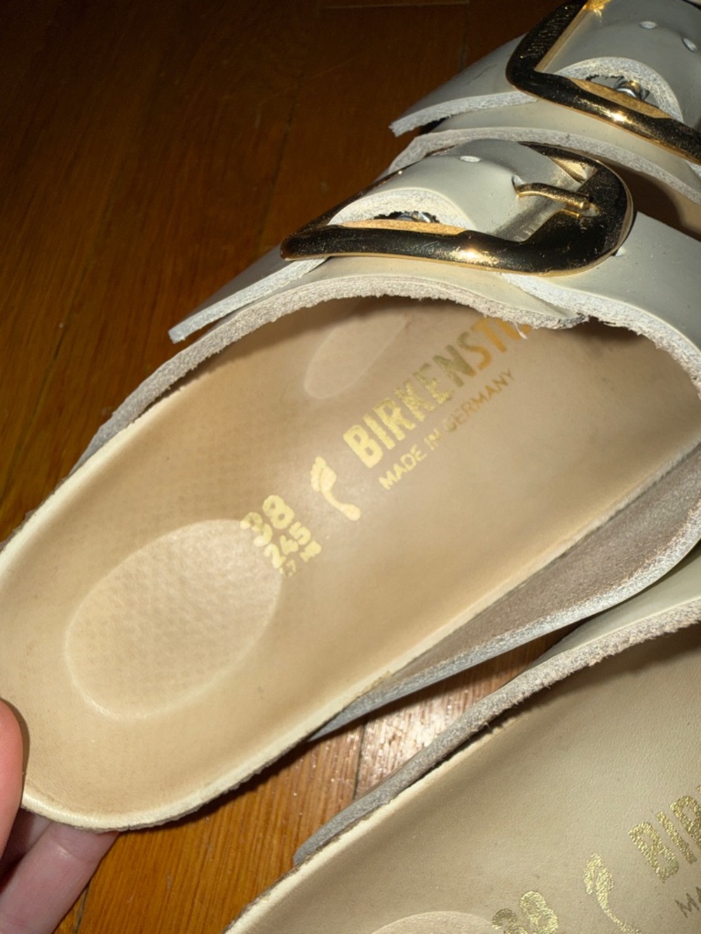 Birkenstock Women's Double-Buckle Slide Sandals in White with Gold Buckles - Picture 3 of 4